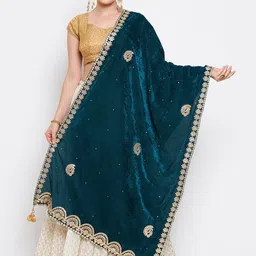 Clora Creation Green & Gold-Toned Ethnic Motifs Embroidered Velvet Dupatta with Gotta Patti-12