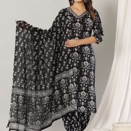 INDYES Women Floral Printed Regular Sequinned Pure Cotton Kurta with Trousers & With Dupatta-image-47
