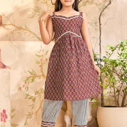 BAESD Girls Floral Printed Sweetheart Neck Gotta Patti Pure Cotton A-Line Kurta & Salwar-picture-0