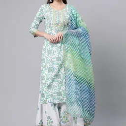 Divena Women White Floral Printed Gotta Patti Pure Cotton Kurta with Palazzos & With Dupatta-image-36