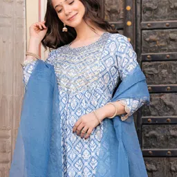 KALINI Floral Embroidered Regular Thread Work Kurta with Palazzos & With Dupatta image 4