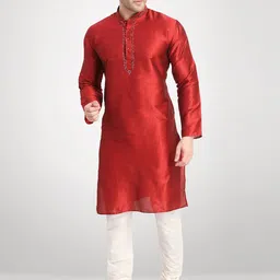 RG DESIGNERS Men Maroon Ethnic Motifs Embroidered Dupion Silk Kurta with Pyjamas-16