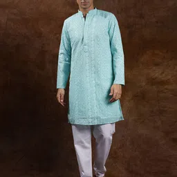 Exotic India Brook Green Lukhnavi Chikan Kurta Pajama Set with Embroidered Paisleys-picture-34