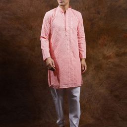 Exotic India Paisley Embroidered Mandarin Collar Chikankari Regular Kurta With Pyjamas-picture-14