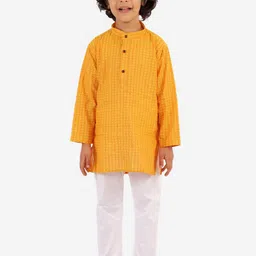 Superminis Boys Yellow Embroidered Angrakha Pure Cotton Kurta with Pyjamas-image-62