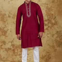 BLUESAANCHI Floral Yoke Design Beads & Stones Mandarin Collar Dupion Silk Kurta & Trousers-picture-11