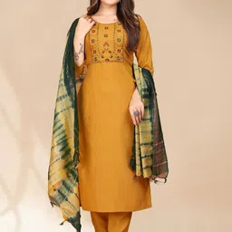 Anouk Yellow Ethnic Motifs Yoke Design Thread Work Kurta with Trousers & Dupatta image 4