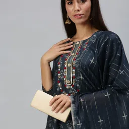 SHOWOFF Women Blue Ethnic Motifs Embroidered Thread Work Kurta with Trousers & With Dupatta-picture-22