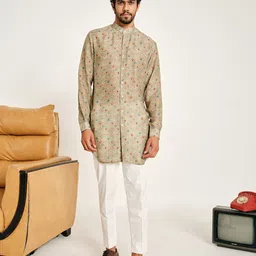 Project Bandi Floral Printed Band Collar Cotton Straight Kurta with Trousers-90