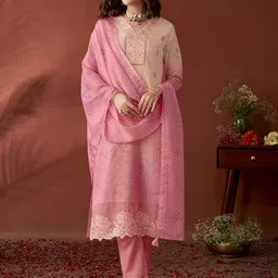 Anouk Pink Ethnic Motifs Printed Straight Sequinned Organza Kurta with Trousers & Dupatta-11