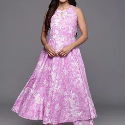 Varanga Women Floral Printed Empire Pure Cotton Anarkali Kurta with Trouser-picture-25