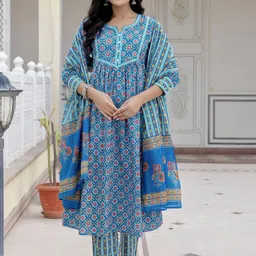 Kohsh Women Ethnic Motifs Printed Mirror Work Pure Cotton Kurta with Trousers & With Dupatta-image-8