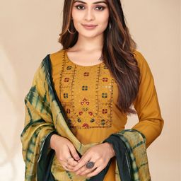 Anouk Yellow Ethnic Motifs Yoke Design Thread Work Kurta with Trousers & Dupatta-33