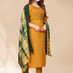 Anouk Yellow Ethnic Motifs Yoke Design Thread Work Kurta with Trousers & Dupatta image 2