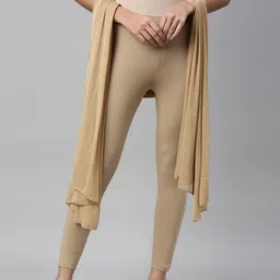 TWIN BIRDS Women Beige Solid Cotton Ankle Length Leggings & Shawl-image-98