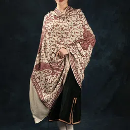 Exotic India Antique White Paisley Jaal Aari Hand-Embroidered Pure Wool Kashmiri Shawl-image-1