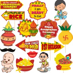 Yellow & Red 16 Pcs Rice Ceremony Photo Booth Props/Annaprashan Decoration Items-picture-18