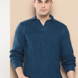 Men Self Design Square Neck Blue Sweater-image-1