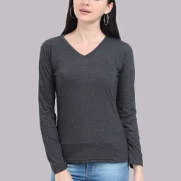 Womens V Neck Full Sleeve Women Solid V Neck Pure Cotton Grey T-Shirt-image-92