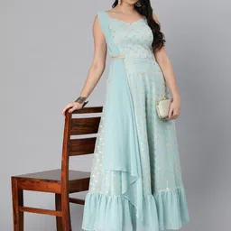 Ethnovog Women BlueBrown Woven Design Organza Ethnic Maxi Dress-image-89