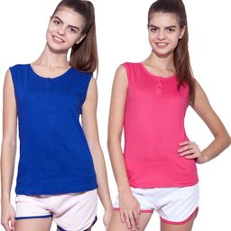 ap'pulse Pack of 2 Women Solid Henley Neck Pure Cotton Blue, Pink T-Shirt-picture-20