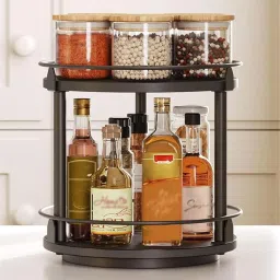 MTANK 360° Rotating Spice Rack Organizer | Revolving Kitchen Counter Storage | Wooden Kitchen Trolley-image-31