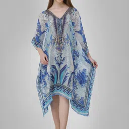 Rajoria Instyle White & Blue Ethnic Motifs Georgette Ethnic Kaftan Dress-image-4