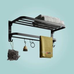 Matte Black Heavy-Duty Towel Stand | Foldable Towel Rack with Hooks Bathroom Mirror-image-13