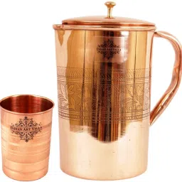 Copper Set of 1 Embossed Designer Jug Pitcher 1750 ML with 1 Glass 300 ML - Storage Drinking Water Serveware Tableware Jug Glass Set-40