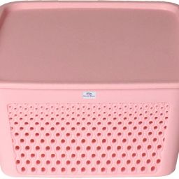 heart home Plastic Netted Design Unbreakable Square Shape Plastic Storage Baskets with lid(Pink) Storage Basket image 2