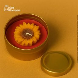 Yellow Sunflower with Red Base in Golden Tin Candle-image-89