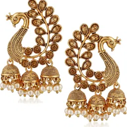 Wedding Traditional Moti Jhumka earrings for girls women gold plated Fancy Party wear stylish Pearl Alloy Jhumki Earring-image-1