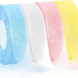 Organza Ribbon Set 4 Rolls, 2.5 cm x 35 m Each, Blue White Pink Yellow, Blue, White, Pink, Yellow Satin Ribbon-8