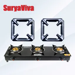 Photon 3 Burner Combo Ps ring Toughened Glass 3 Cast Iron (Igniton,Black) Glass Manual Gas Stove-image-4