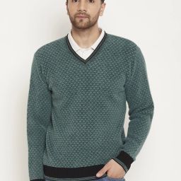 Men Self Design V Neck Green Sweater-image-25