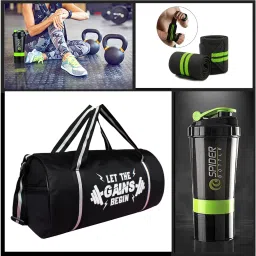 15 L Gym Duffel Bag - Combo for Black Gym Bag, Green Bottle shaker 600ml & Green Wrist Support Band - Green-image-22
