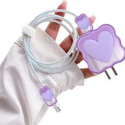 MobiLooks Charger Cover for iPhone 18W-20W Type C Charger 3D Cartoon Heart Purple Case Cable Protector-image-9