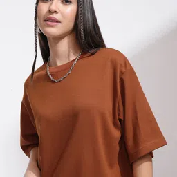 tokyo talkies Women Solid Round Neck Cotton Blend Brown T-Shirt-picture-40