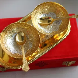 Pure Brass Silver Plating&Gold Polished 2 Bowl,2 Spoon&1Tray Set Red Velvet Box Tray-28