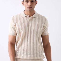 Men Striped Collared Neck Beige Sweater-image-64