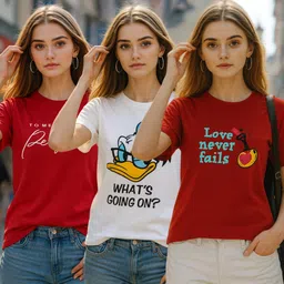 fabflee Pack of 3 Women Solid Round Neck Cotton Blend Multicolor T-Shirt-picture-35