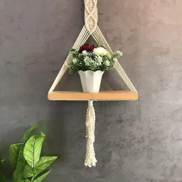 "Macramé Wall Hanging Shelf | Beige Boho Floating Shelf with Pine Wood|-picture-0