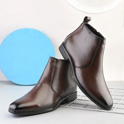 Men brown solid pu slip on high top comfortable regular chelsea boots Boots For Men-picture-6