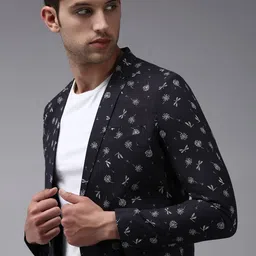 SHOWOFF Men Charcoal Grey & White Printed Single-Breasted Blazer-picture-4
