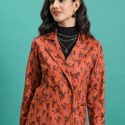 CHIC BY TOKYO TALKIES Orange Coloured Printed Double-Breasted Blazer-image-86