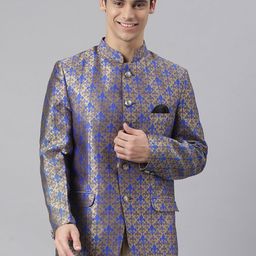 Hangup Men Blue & Gold-Coloured Self Design Single-Breasted Regular-Fit Bandhgala Blazer-16