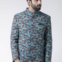 Hangup Men Blue Printed Bandhgala Blazers-21