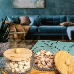 Glass Serving Bowl Bamboo Canister Set with Glass Lid and Wooden Glass Bowl with Lid 2pcs-image-44