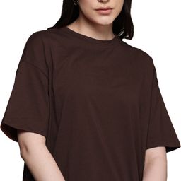 leotude Women Solid Round Neck Cotton Blend Brown T-Shirt-picture-43