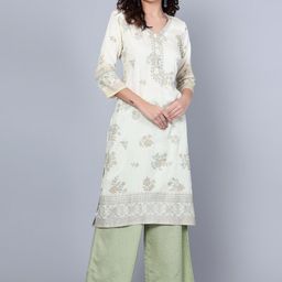 Cantabil Floral Printed Regular Thread Work Pure Cotton Kurta With Palazzos-image-83